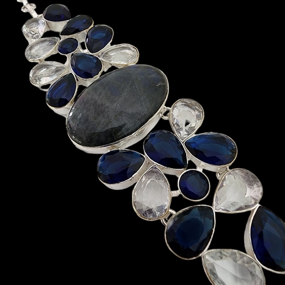 Blue sodalite gemstone bracelet silver + white topaz + blue faceted glass Q04 - Picture 11 of 14